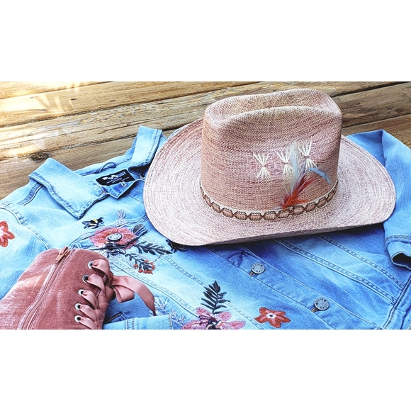 Accessories - NEW Pink Straw Cowboy Hat with Feathers